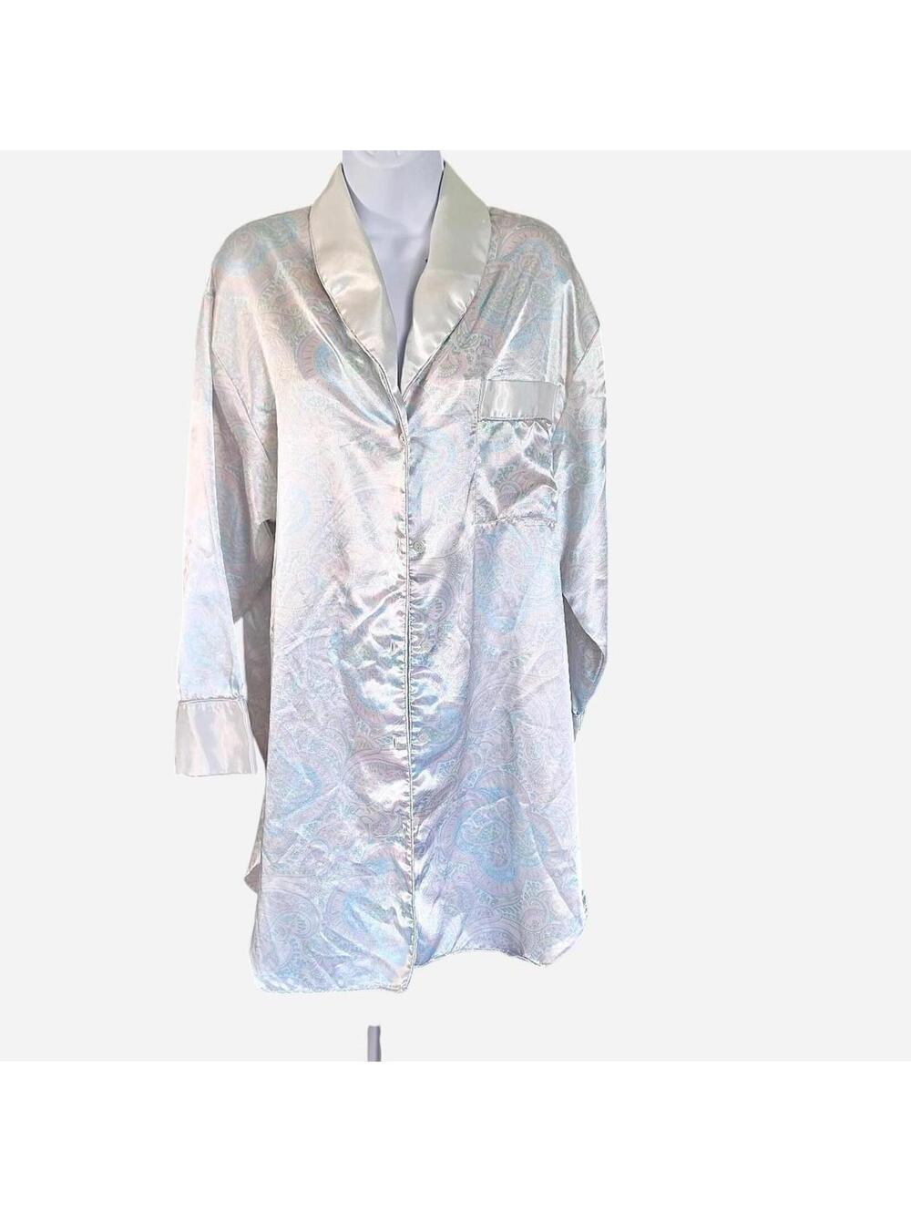 vintage Go Softly Pastel pink paisley print satin button up night shirt  dress M